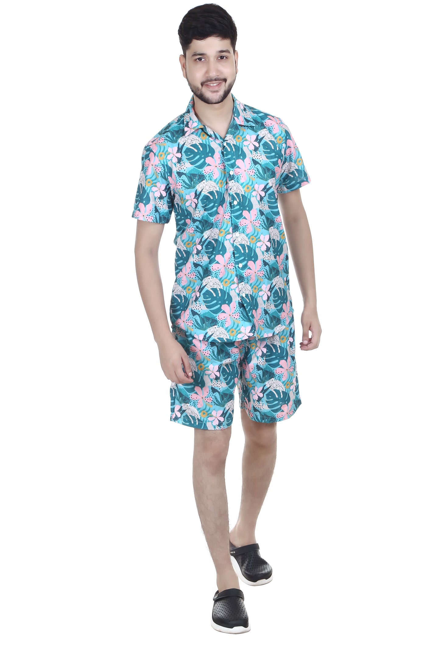 Men's Floral Printed Green Colour Co-ord Set, Short Sleeves Shirt and Shorts