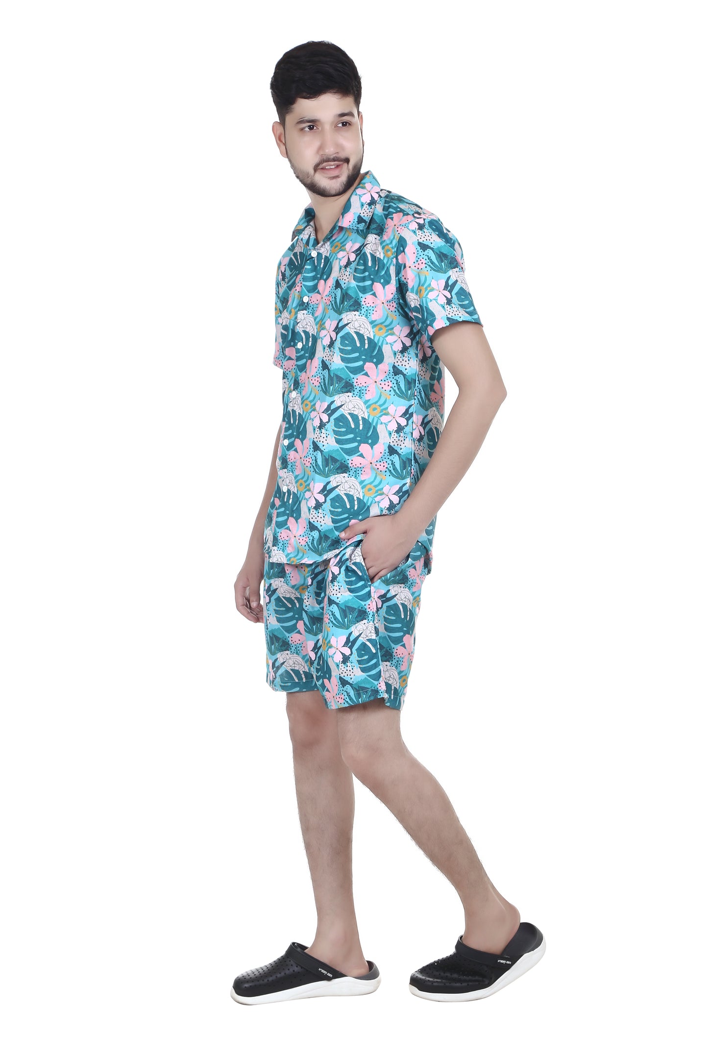 Men's Floral Printed Green Colour Co-ord Set, Short Sleeves Shirt and Shorts
