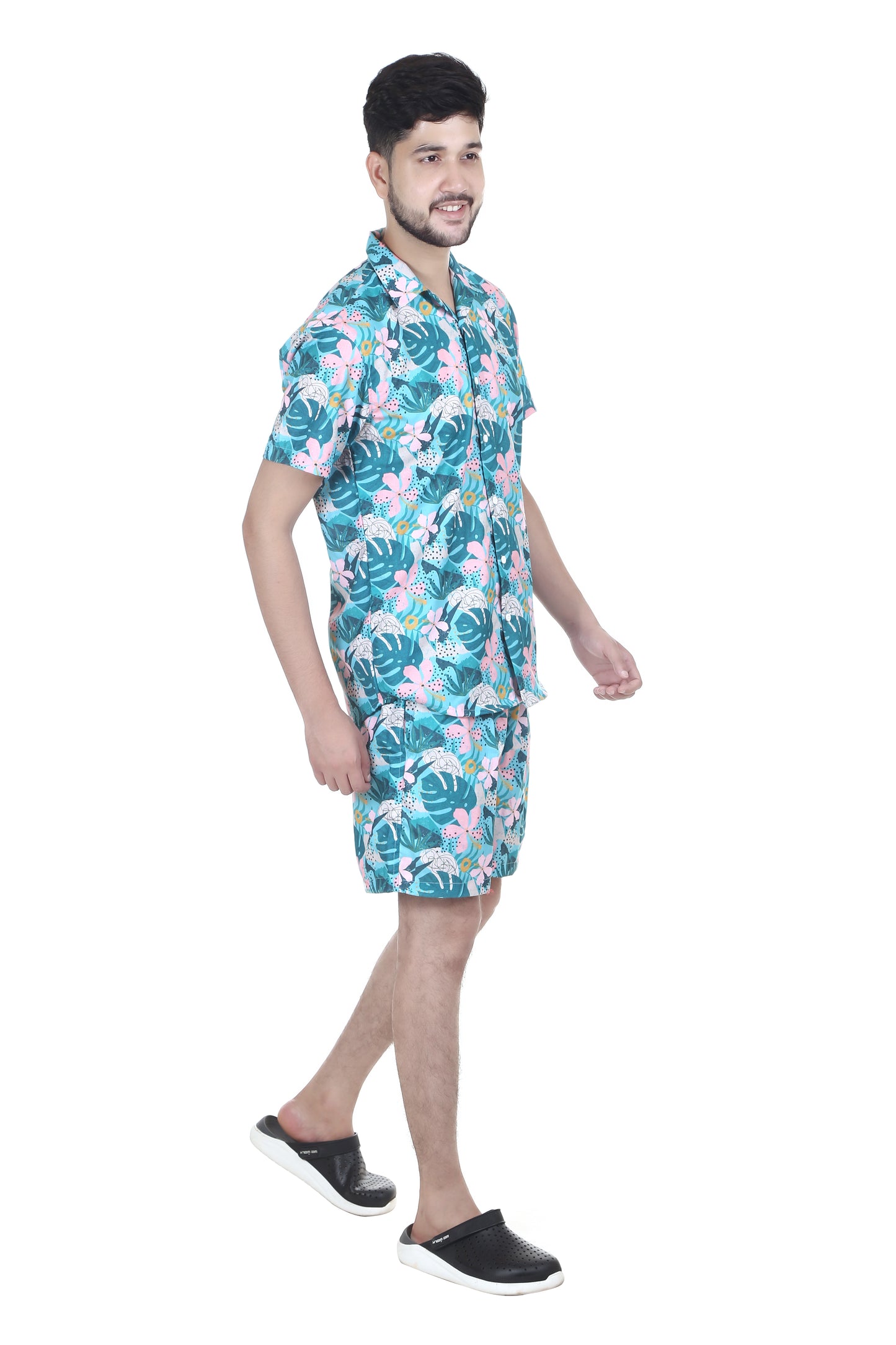 Men's Floral Printed Green Colour Co-ord Set, Short Sleeves Shirt and Shorts