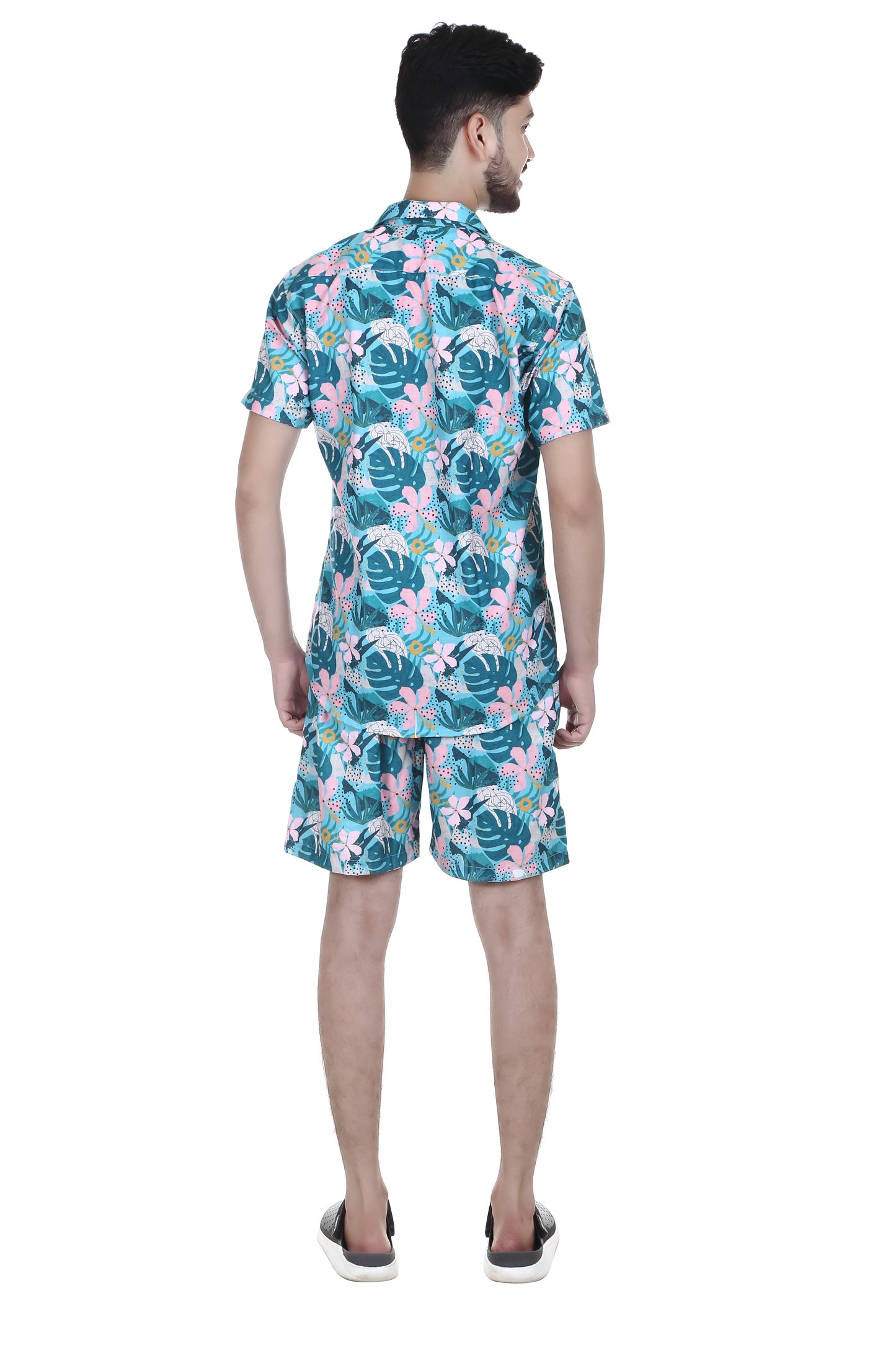 Men's Floral Printed Green Colour Co-ord Set, Short Sleeves Shirt and Shorts