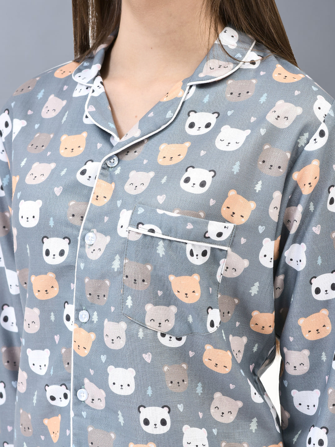 Cozmostore Sleep Like a Queen in Our Grey Panda Printed Cotton Nightsuit for Women.