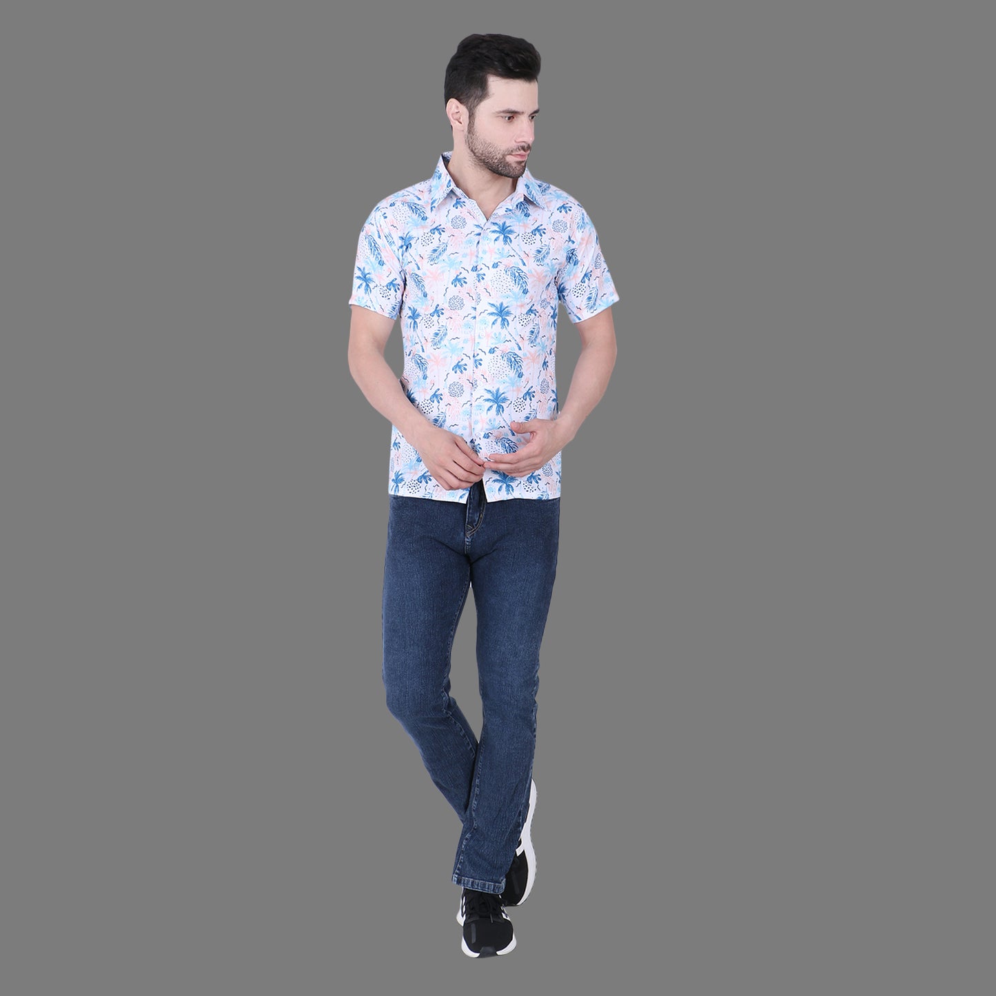 Cozmostore Stay Cool and Stylish with This White Shirt Featuring a Unique Blue Printed Tropical Print with Palm Trees, Pineapples, and Floral Design.