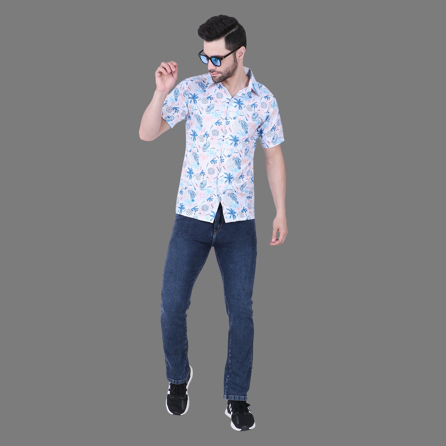 Cozmostore Stay Cool and Stylish with This White Shirt Featuring a Unique Blue Printed Tropical Print with Palm Trees, Pineapples, and Floral Design.