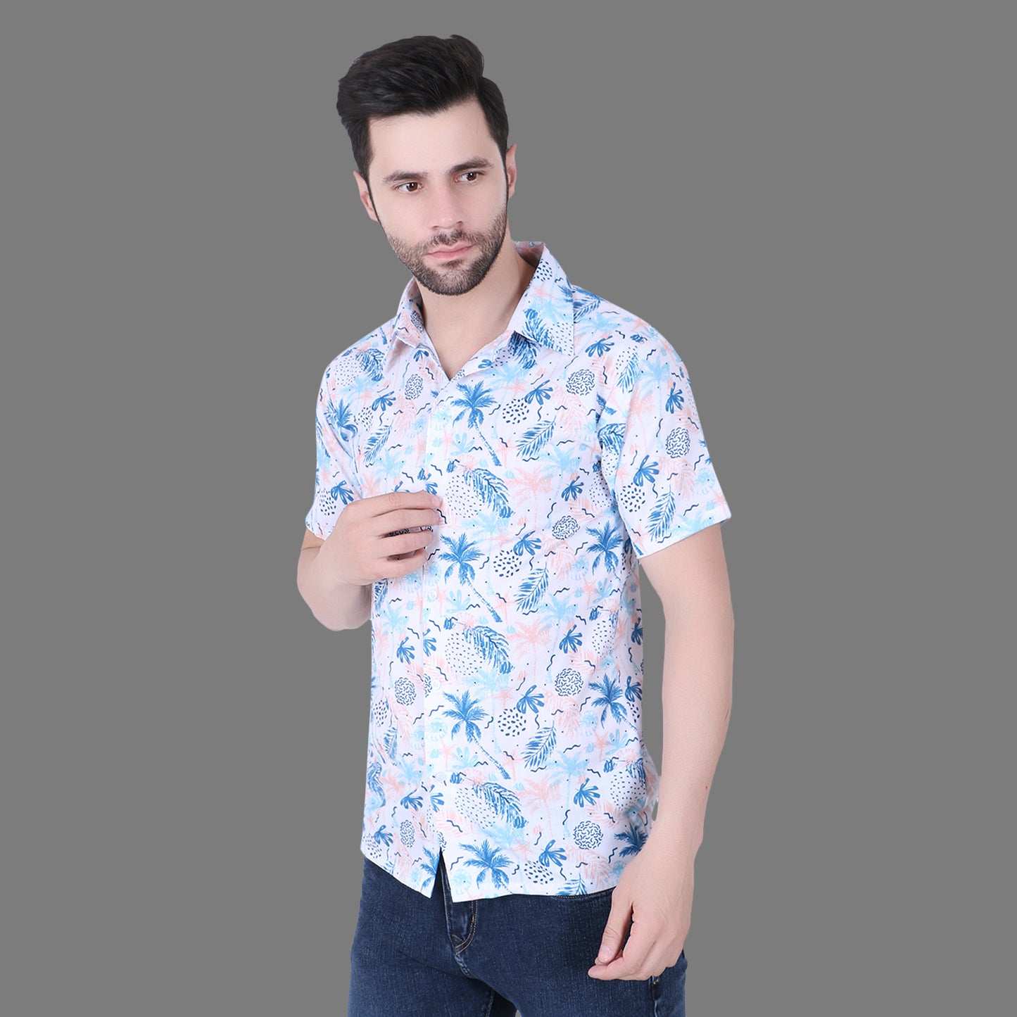 Cozmostore Stay Cool and Stylish with This White Shirt Featuring a Unique Blue Printed Tropical Print with Palm Trees, Pineapples, and Floral Design.
