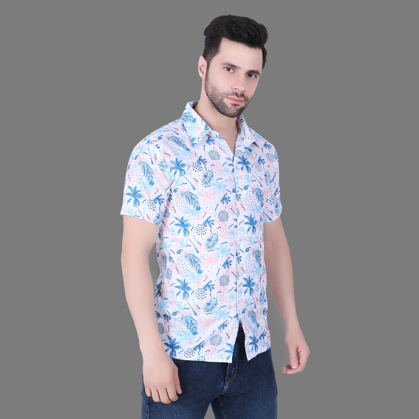 Cozmostore Stay Cool and Stylish with This White Shirt Featuring a Unique Blue Printed Tropical Print with Palm Trees, Pineapples, and Floral Design.