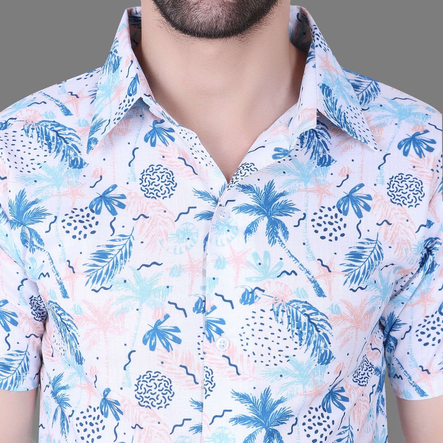 Cozmostore Stay Cool and Stylish with This White Shirt Featuring a Unique Blue Printed Tropical Print with Palm Trees, Pineapples, and Floral Design.