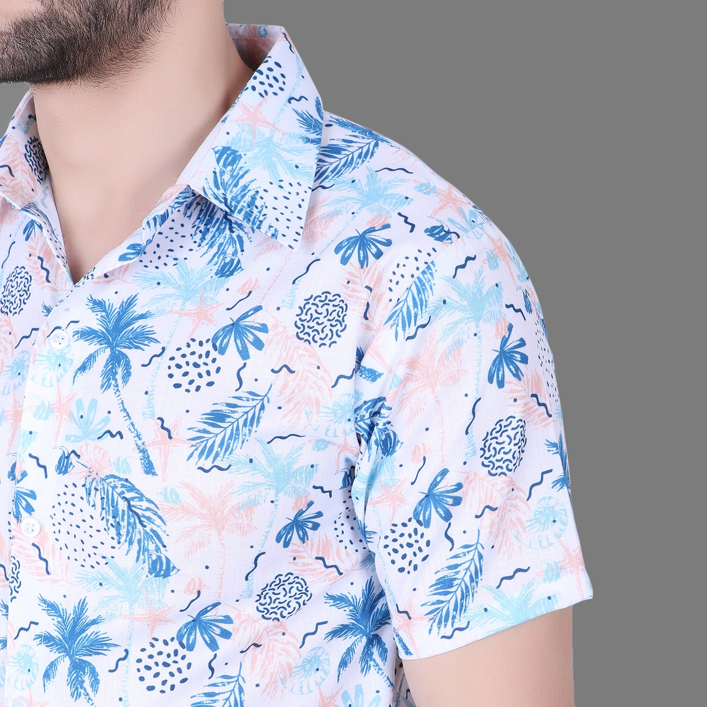 Cozmostore Stay Cool and Stylish with This White Shirt Featuring a Unique Blue Printed Tropical Print with Palm Trees, Pineapples, and Floral Design.