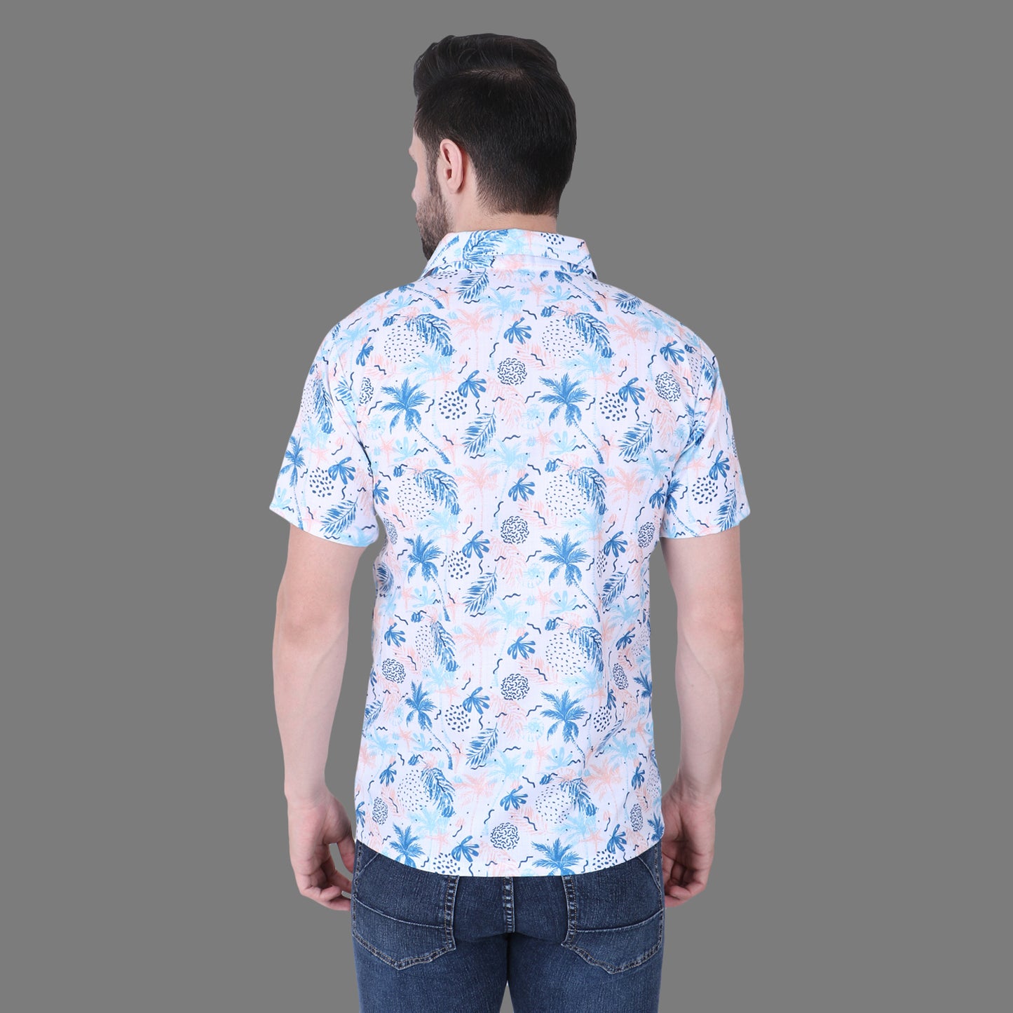 Cozmostore Stay Cool and Stylish with This White Shirt Featuring a Unique Blue Printed Tropical Print with Palm Trees, Pineapples, and Floral Design.