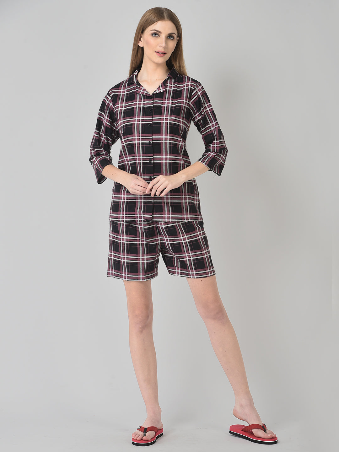 Cozmostore Women's Check Printed Cotton Nightsuit, Shorts and Shirt Set