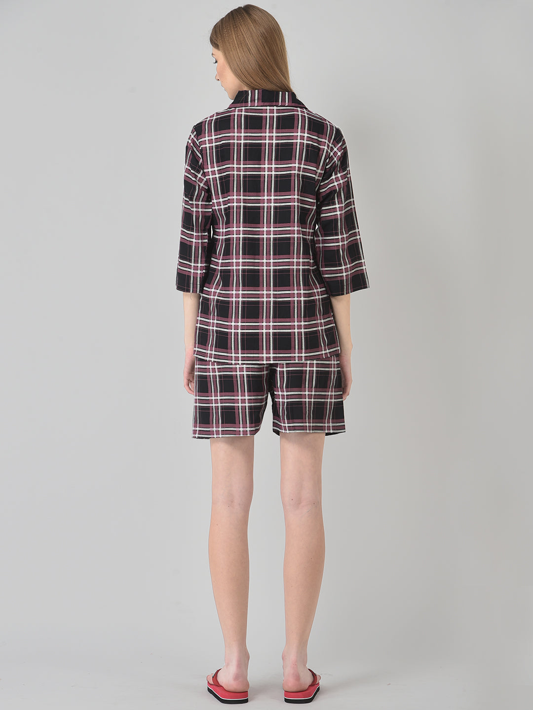 Cozmostore Women's Check Printed Cotton Nightsuit, Shorts and Shirt Set