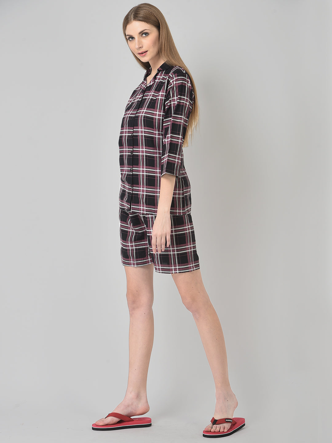 Cozmostore Women's Check Printed Cotton Nightsuit, Shorts and Shirt Set