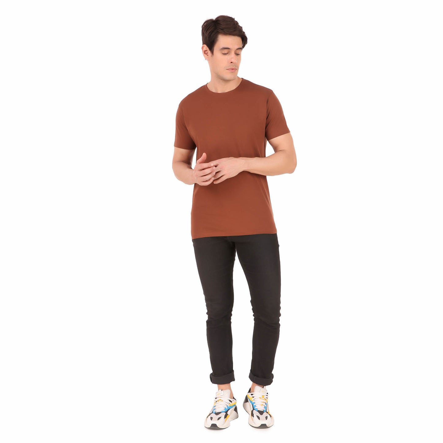 Men's Plain Regular Fit T-Shirts for Men Boys Solid Brown Round Neck T-Shirts