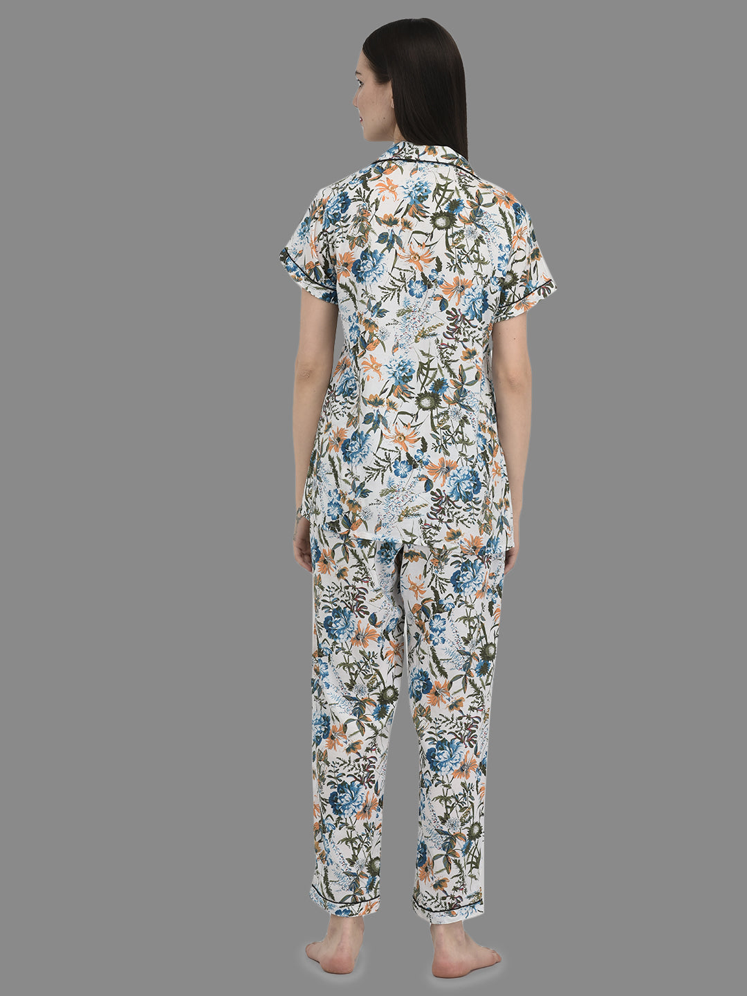 Cozmostore Women's Rayon White color Floral Printed Night Suit set of Shirt & Pyjama