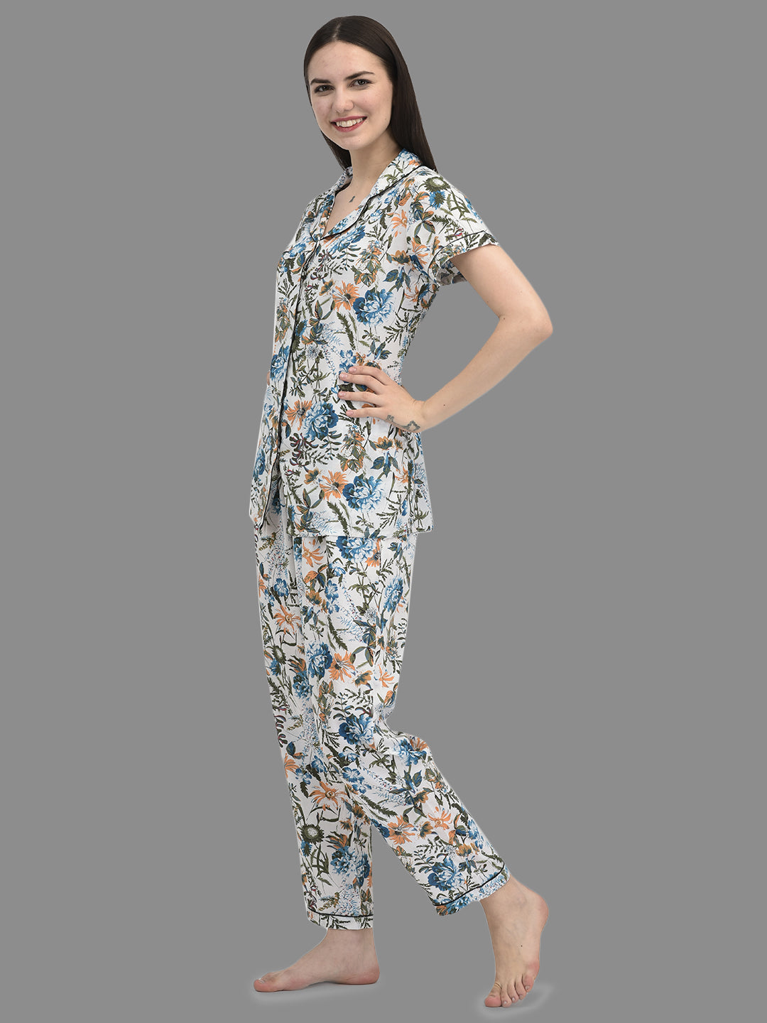 Cozmostore Women's Rayon White color Floral Printed Night Suit set of Shirt & Pyjama