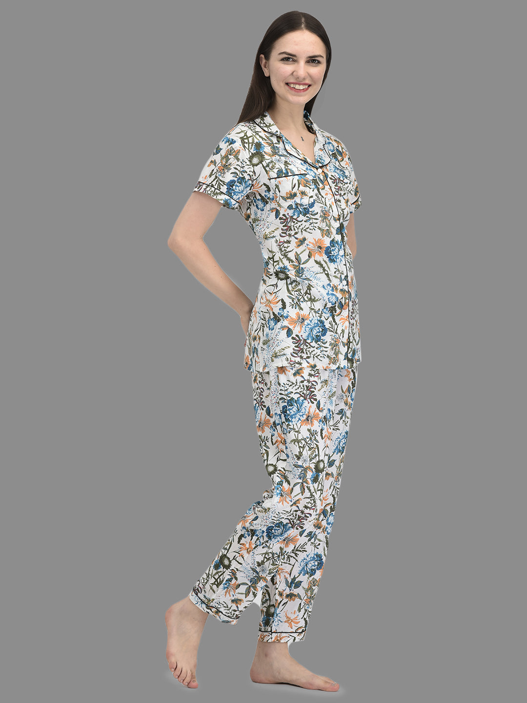 Cozmostore Women's Rayon White color Floral Printed Night Suit set of Shirt & Pyjama