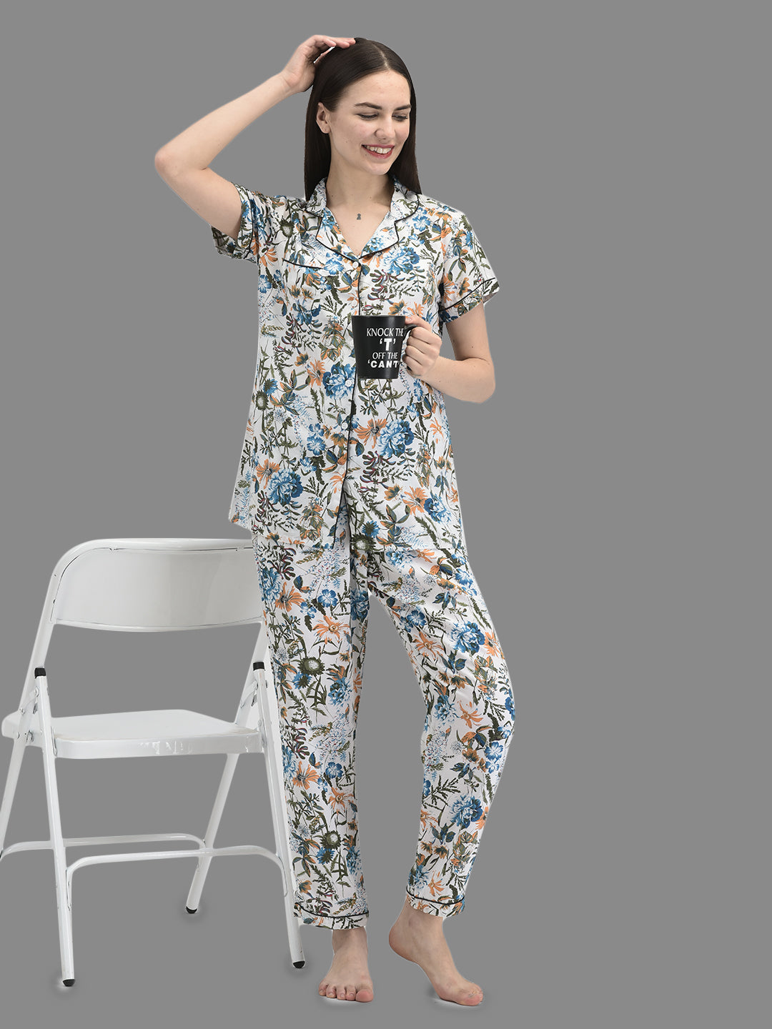 Cozmostore Women's Rayon White color Floral Printed Night Suit set of Shirt & Pyjama