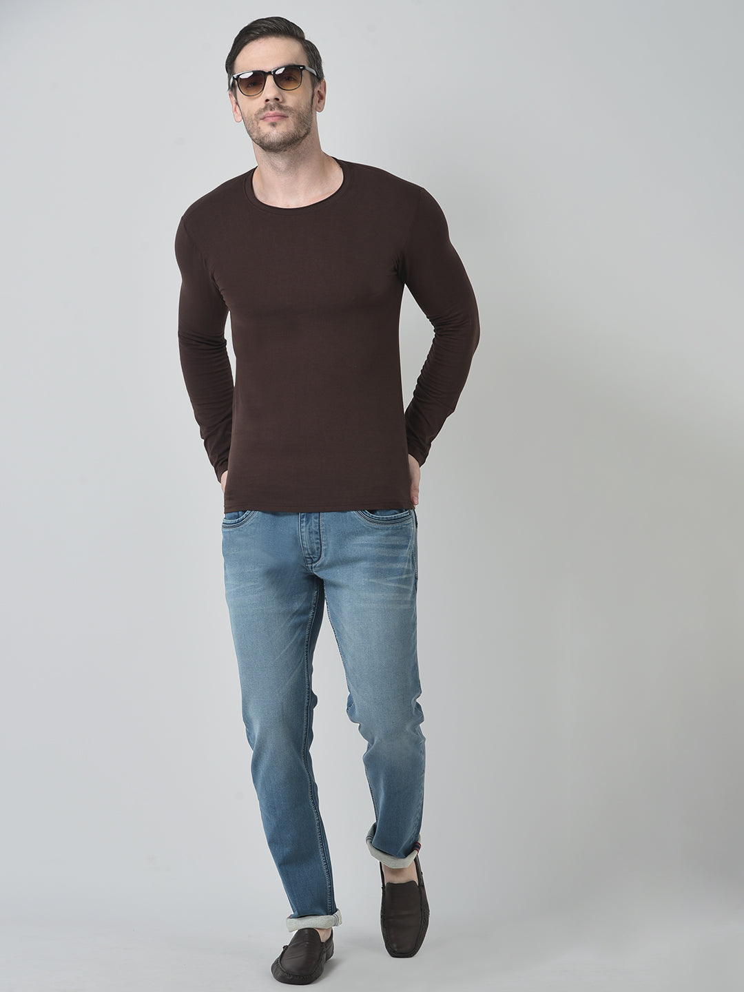 Men Solid Brown Full Sleeve T-shirt