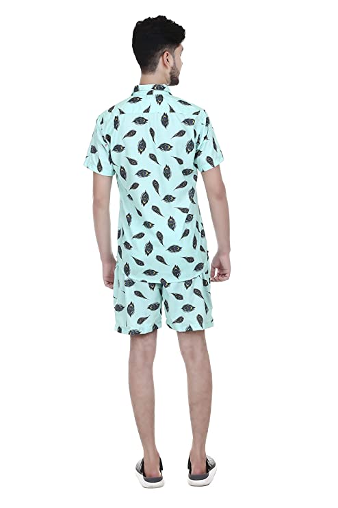 Men's Printed Green Mor pankh Co-ord Set, Short Sleeve Shirt and Shorts.