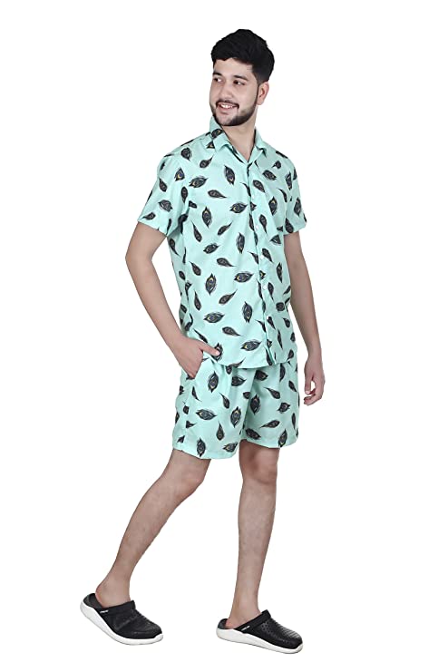 Men's Printed Green Mor pankh Co-ord Set, Short Sleeve Shirt and Shorts.