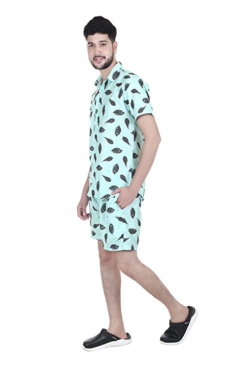 Men's Printed Green Mor pankh Co-ord Set, Short Sleeve Shirt and Shorts.