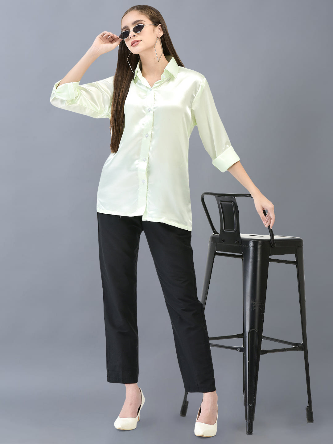 This women's solid satin shirt combines elegance with comfort