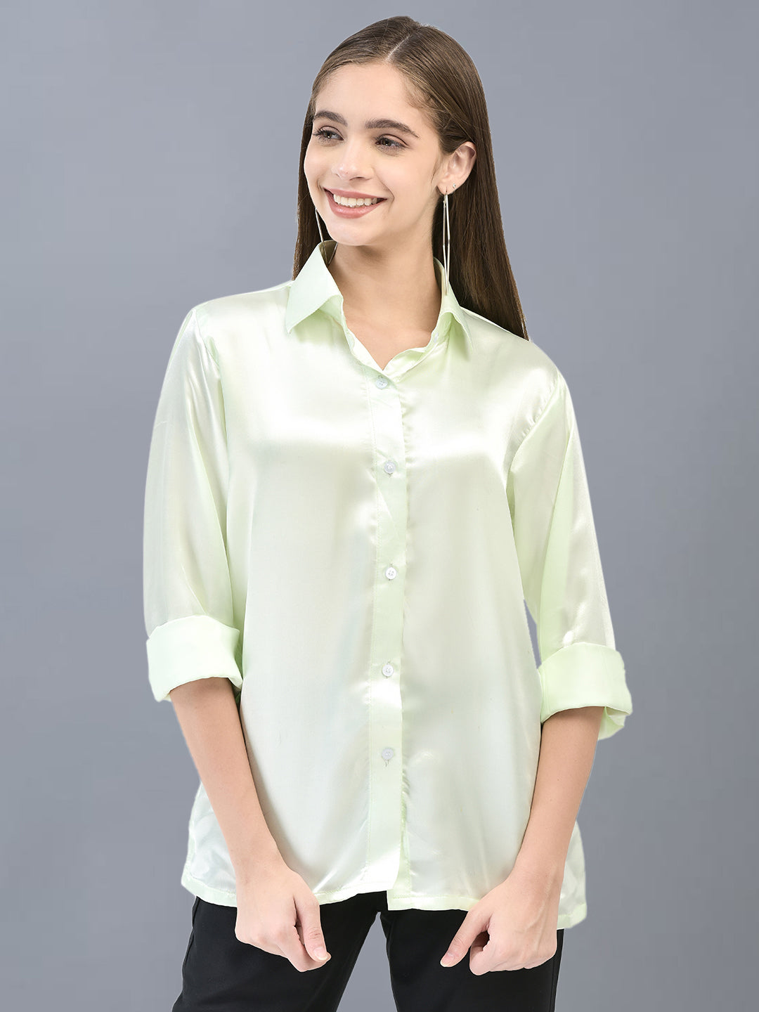 This women's solid satin shirt combines elegance with comfort