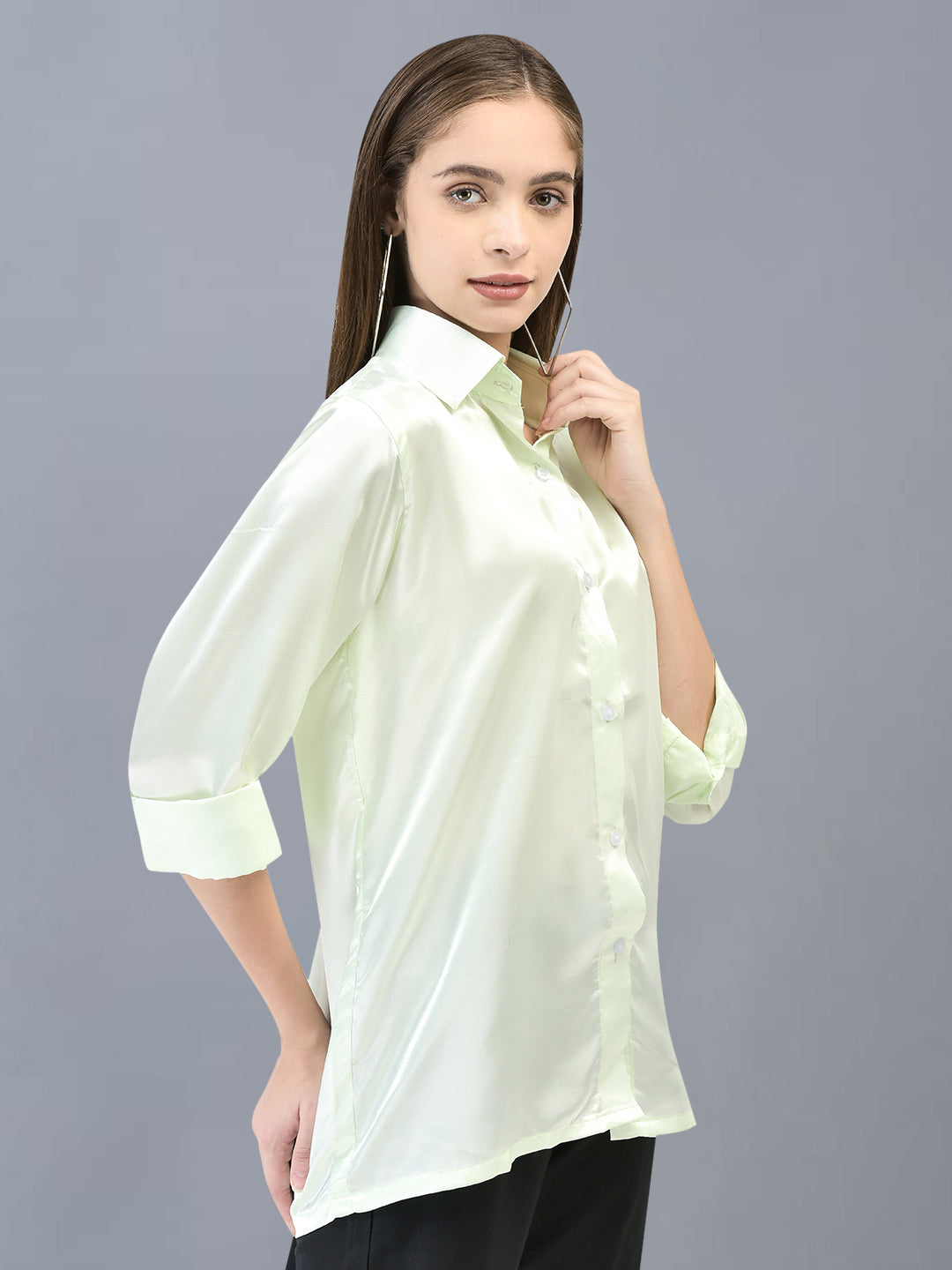 This women's solid satin shirt combines elegance with comfort