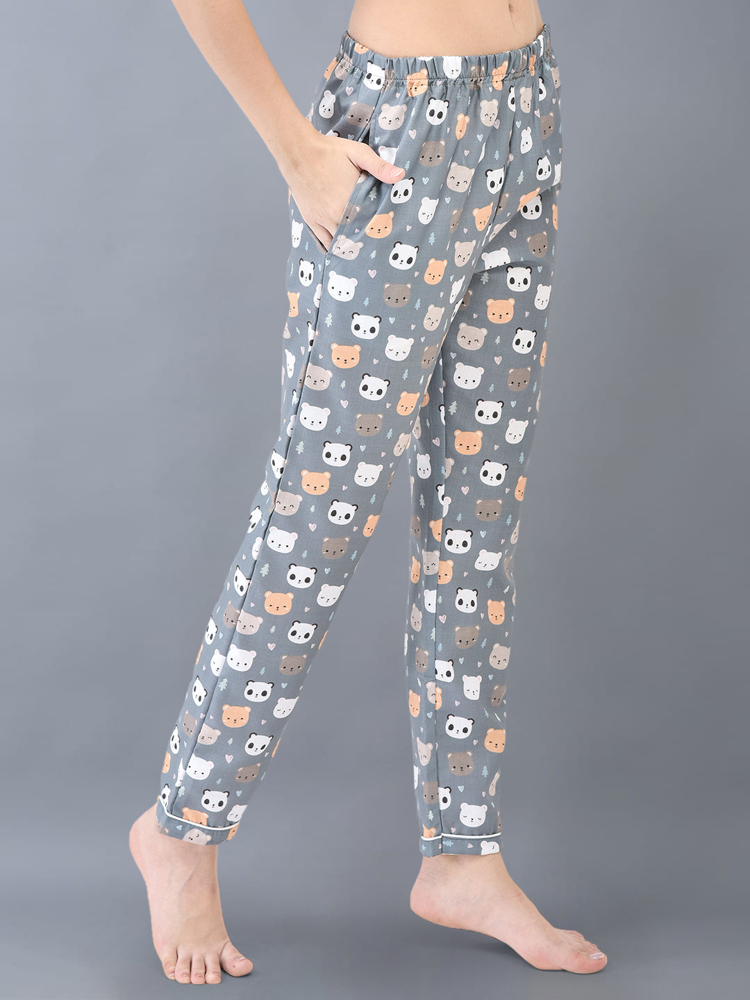 Cozmostore Sleep Like a Queen in Our Grey Panda Printed Cotton Nightsuit for Women.
