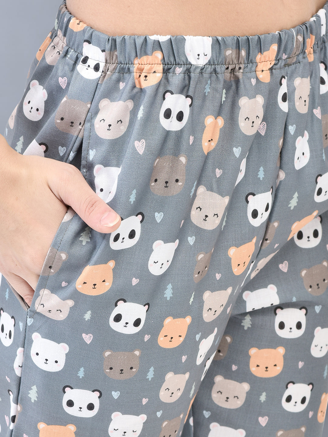 Cozmostore Sleep Like a Queen in Our Grey Panda Printed Cotton Nightsuit for Women.