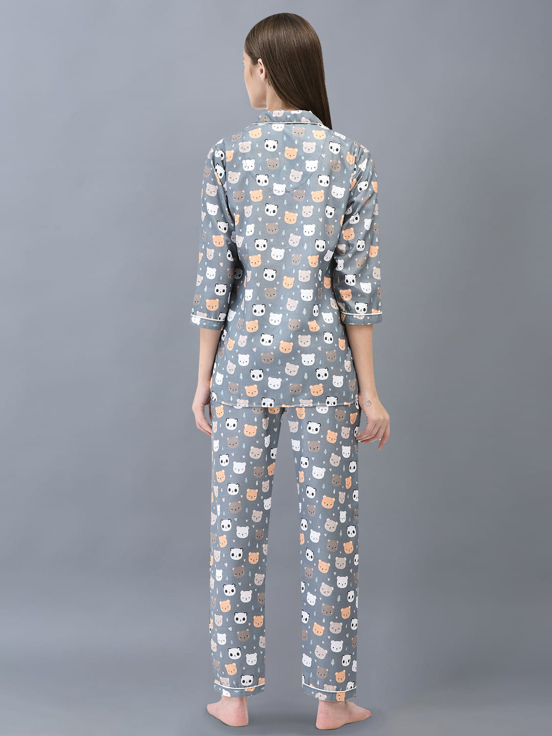 Cozmostore Sleep Like a Queen in Our Grey Panda Printed Cotton Nightsuit for Women.