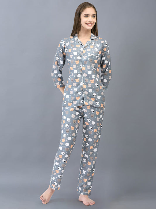 Cozmostore Sleep Like a Queen in Our Grey Panda Printed Cotton Nightsuit for Women.