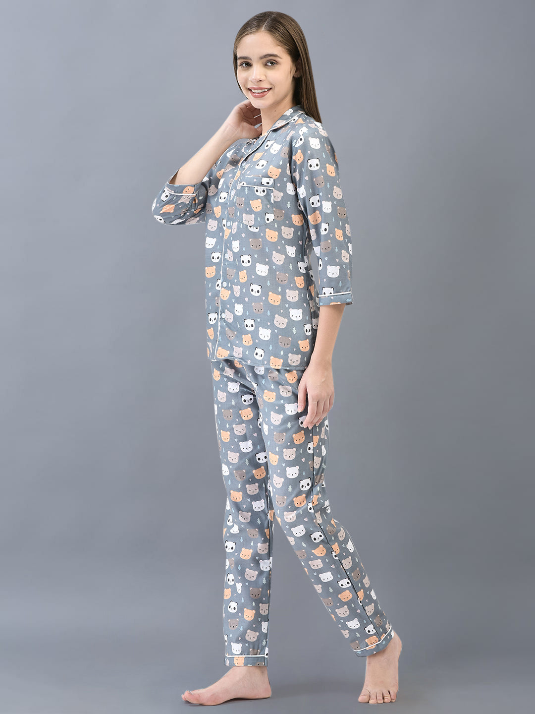 Cozmostore Sleep Like a Queen in Our Grey Panda Printed Cotton Nightsuit for Women.