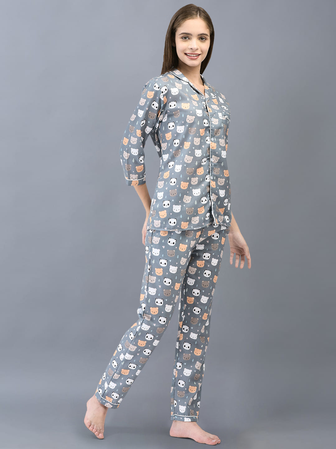 Cozmostore Sleep Like a Queen in Our Grey Panda Printed Cotton Nightsuit for Women.