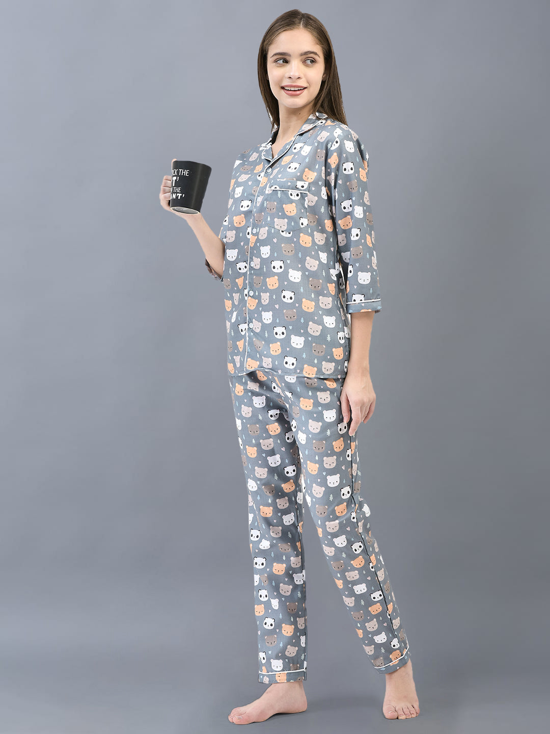 Cozmostore Sleep Like a Queen in Our Grey Panda Printed Cotton Nightsuit for Women.