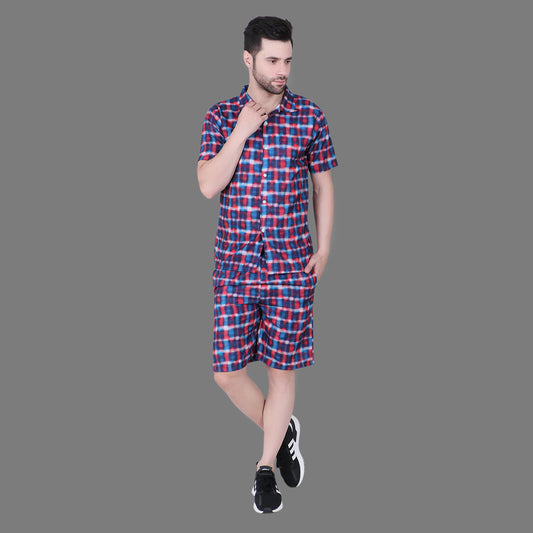 Men’s Cotton Checkered Co-ord Set | Half Sleeve Shirt & Shorts Combo | Casual Loungewear, Nightwear & Summer Outfit for Men