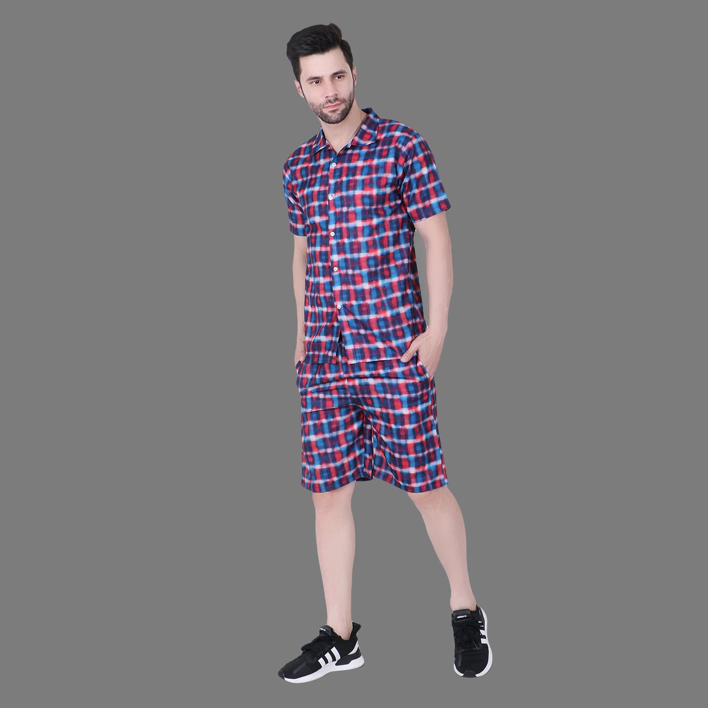 Men’s Cotton Checkered Co-ord Set | Half Sleeve Shirt & Shorts Combo | Casual Loungewear, Nightwear & Summer Outfit for Men