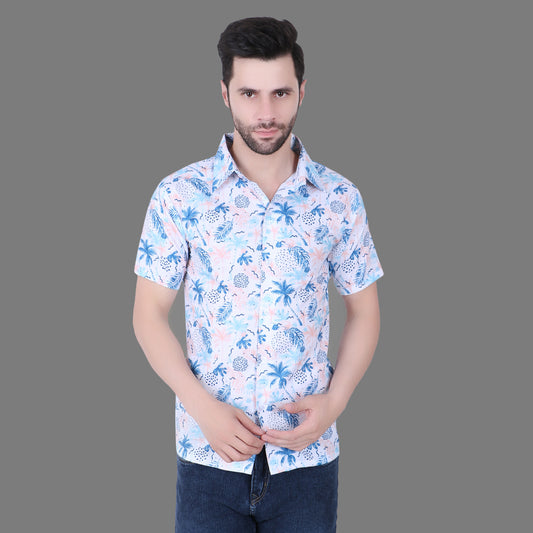 Cozmostore Stay Cool and Stylish with This White Shirt Featuring a Unique Blue Printed Tropical Print with Palm Trees, Pineapples, and Floral Design.