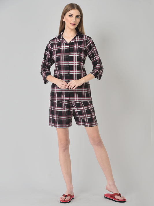 Cozmostore Women's Check Printed Cotton Nightsuit, Shorts and Shirt Set