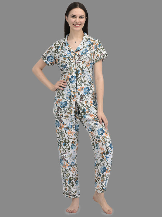Cozmostore Women's Rayon White color Floral Printed Night Suit set of Shirt & Pyjama