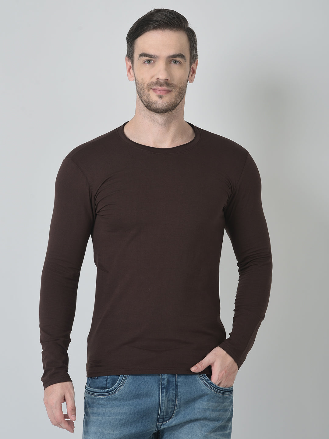 Men Solid Brown Full Sleeve T-shirt