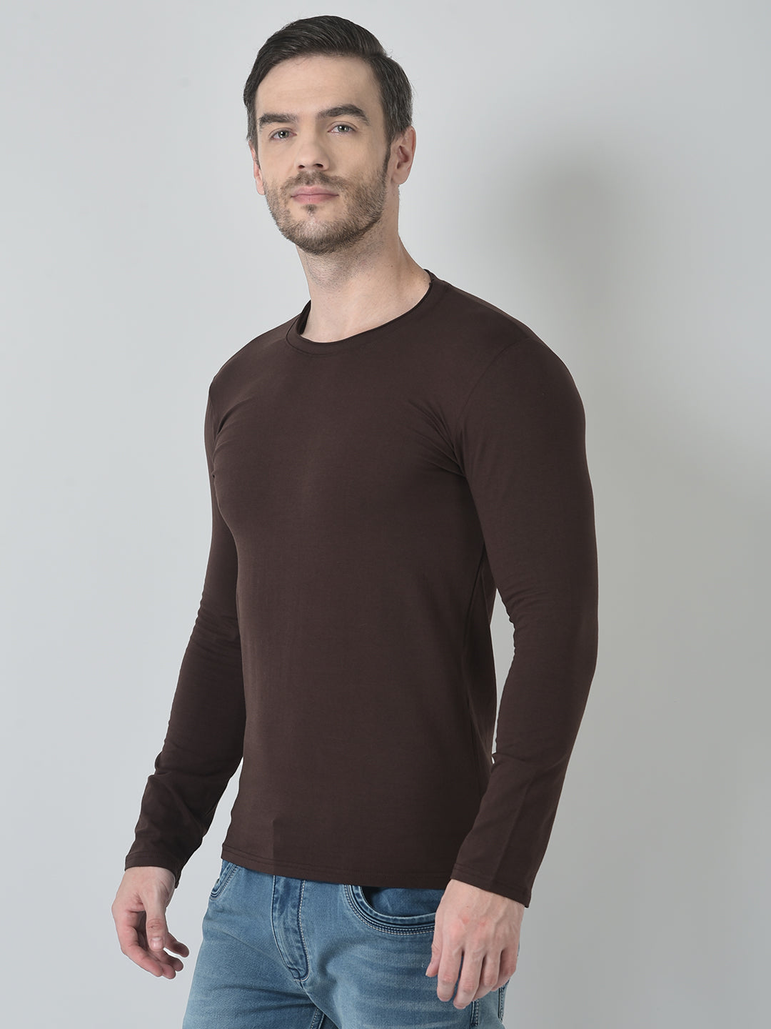 Men Solid Brown Full Sleeve T-shirt