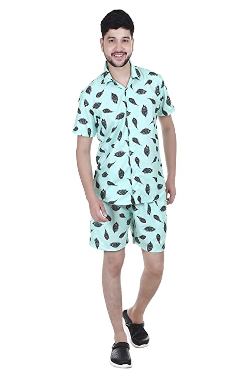 Men's Printed Green Mor pankh Co-ord Set, Short Sleeve Shirt and Shorts.