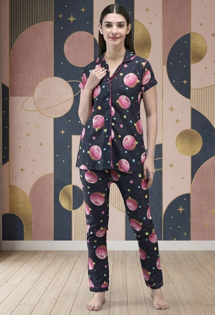 Women's Navy Blue 'Cosmic Donut' Print Pajama Set – Cute Galaxy Theme Button-Down Nightsuit & Loungewear"