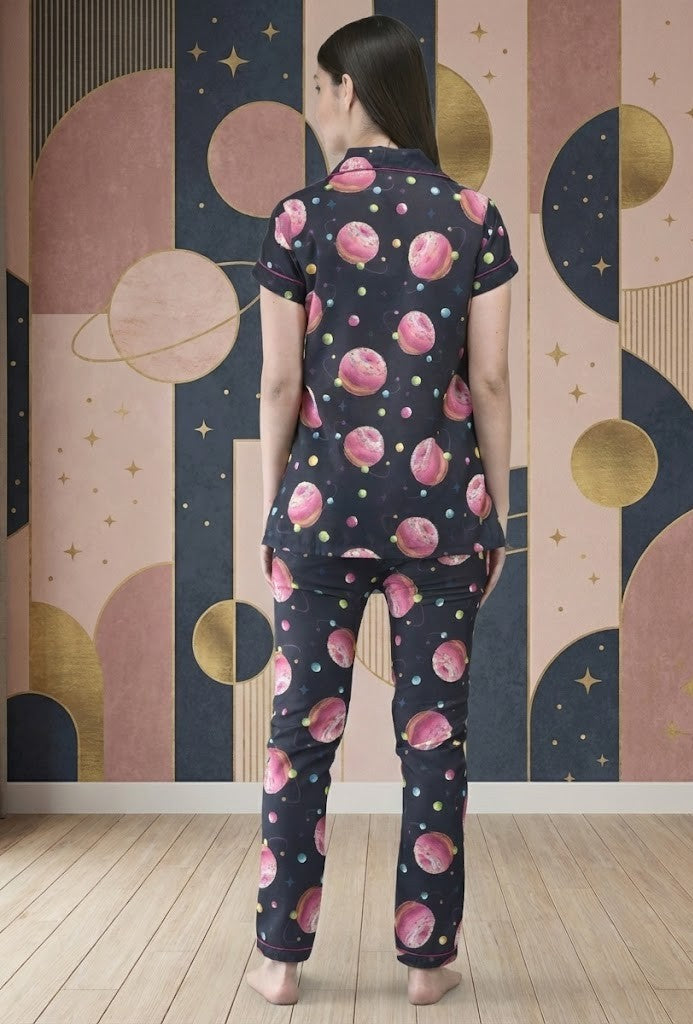Women's Navy Blue 'Cosmic Donut' Print Pajama Set – Cute Galaxy Theme Button-Down Nightsuit & Loungewear"