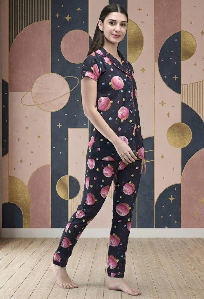 Women's Navy Blue 'Cosmic Donut' Print Pajama Set – Cute Galaxy Theme Button-Down Nightsuit & Loungewear"