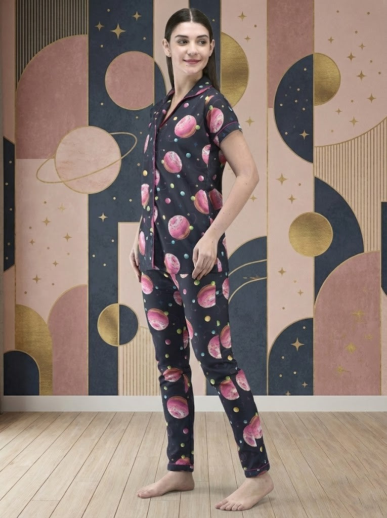 Women's Navy Blue 'Cosmic Donut' Print Pajama Set – Cute Galaxy Theme Button-Down Nightsuit & Loungewear"