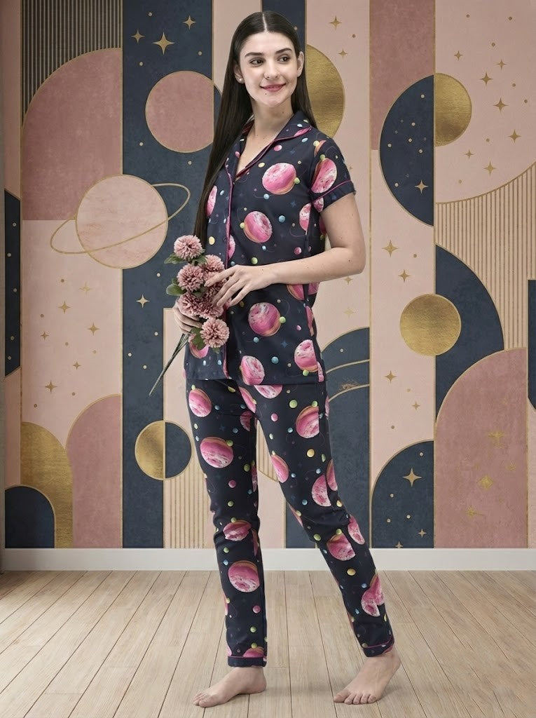 Women's Navy Blue 'Cosmic Donut' Print Pajama Set – Cute Galaxy Theme Button-Down Nightsuit & Loungewear"